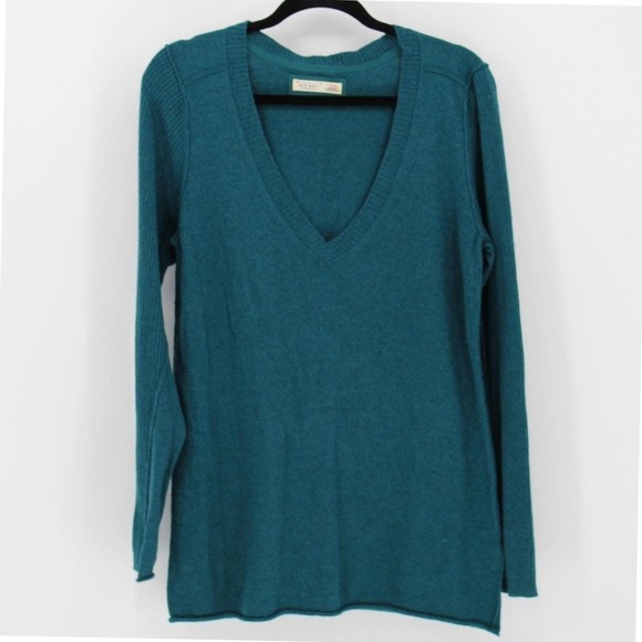 Vintage XL Teal Blue Wool Angora Blend Deep V-Neck Ribbed Sleeve Y2K Sweater - Picture 2 of 12